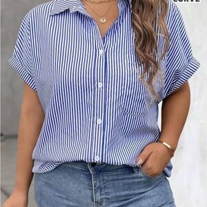 SHEIN Blue and White Striped Button Down Shirt